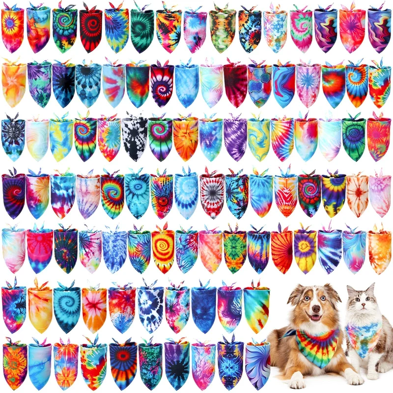 Huhumy – Lot de 50 bandanas pour chiens tie-dye triangles colorés – Pour chiens moyens et grands, déco costume