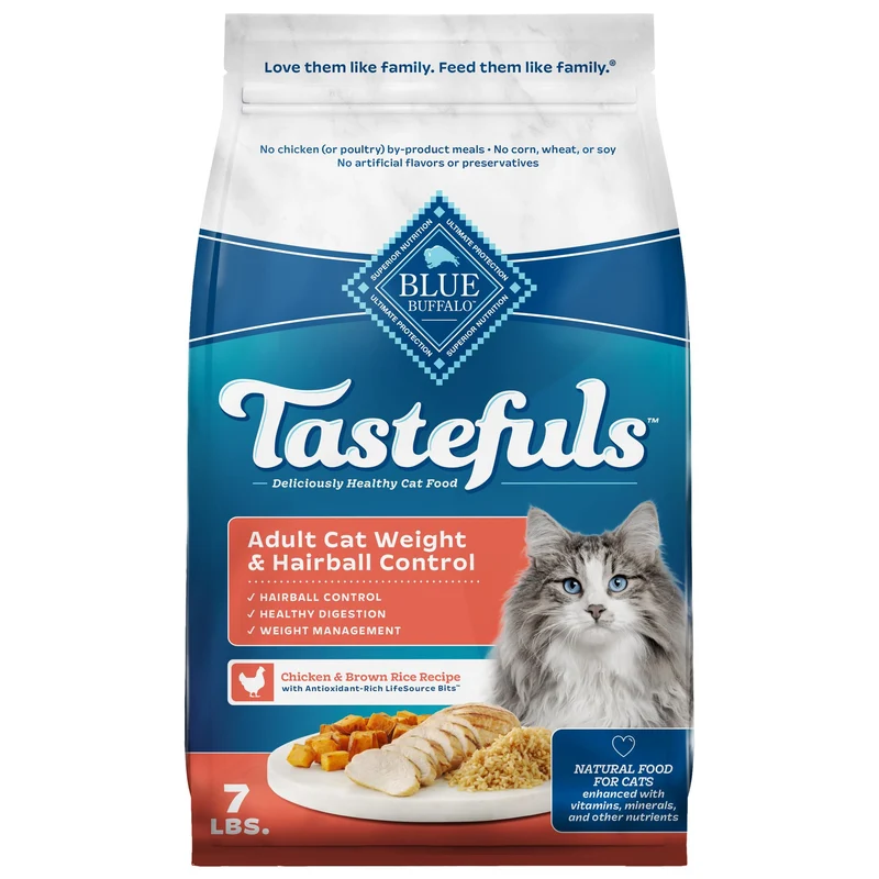 Blue Buffalo Tastefuls Chat Adulte – Croquettes au Poulet, Gestion du Poids et Boules de Poils, Fabriqué aux États‑Unis, Sac de 3,2 kg