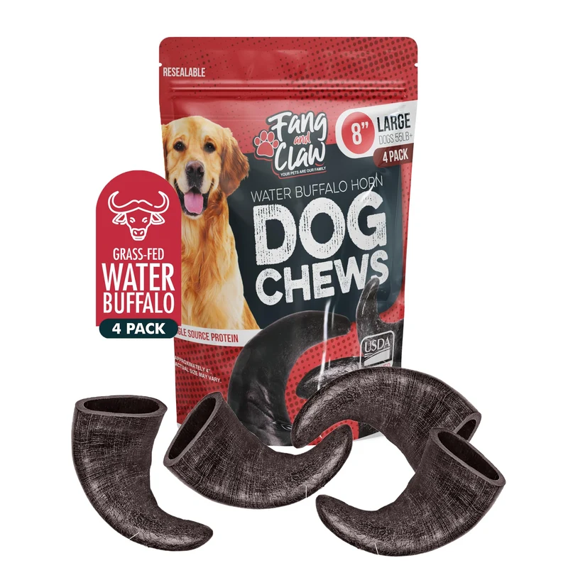 Os de buffle d'eau pour chien — Lot de 4 (Grand, 8 po / env. 20 cm) Protéine unique, élevage en plein air, sans produits chimiques – Fang et Claw