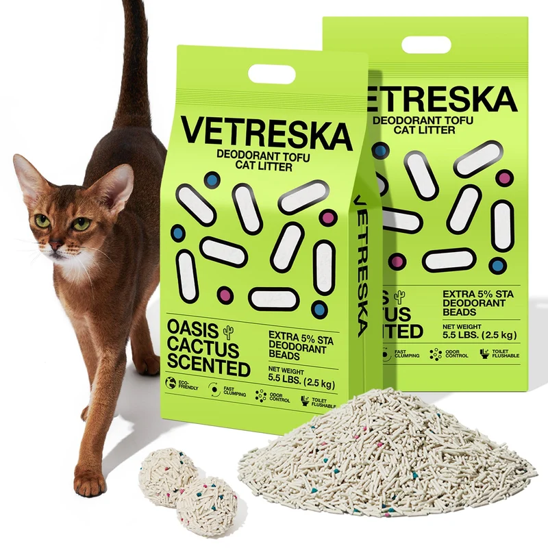 VETRESKA Litière Tofu pour Chat — Agglomération Forte, Sans Poussière, Dissolution Rapide dans les Toilettes, Cactus, 5,5 lb × 2 sacs
