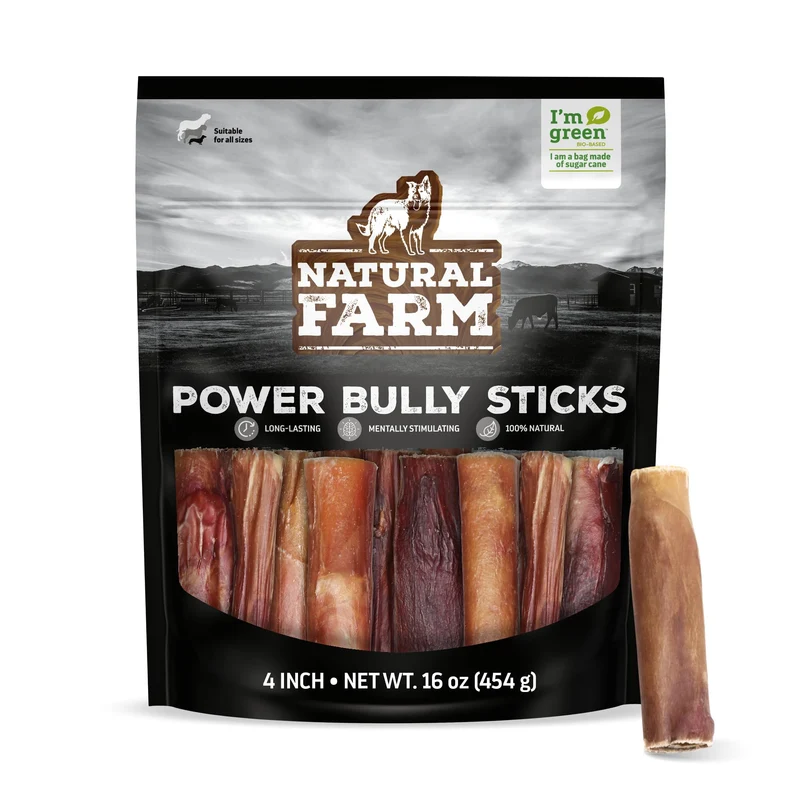 Natural Farm Power Bully Sticks – Bâtonnets de bœuf enveloppés 4 pouces (16 oz), 2 en 1, double mastication, pour chiens petits et moyens