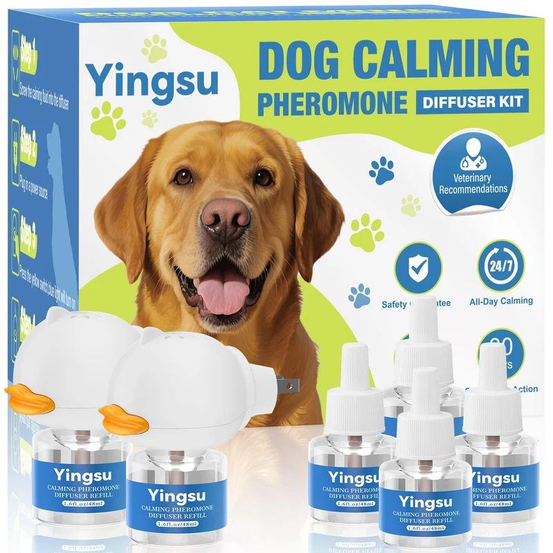Diffuseur calmant Yingsu pour chien – 8 en 1, phéromones apaisantes, 2 diffuseurs + 6 recharges (48 ml)