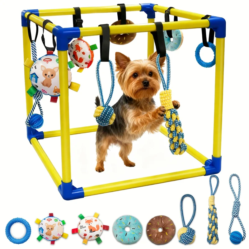 Bhyhok Puppy Play Gym – Centre d’activités pour chiots (8 jouets suspendus, cadre PVC, 0-6 mois, jaune)