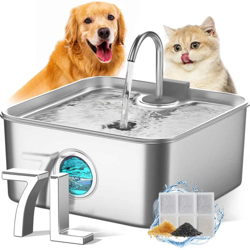Fontaine d'eau FUKUMARU pour chien et chat – 7L, acier inoxydable, filtration 4 étapes, ultra silencieuse