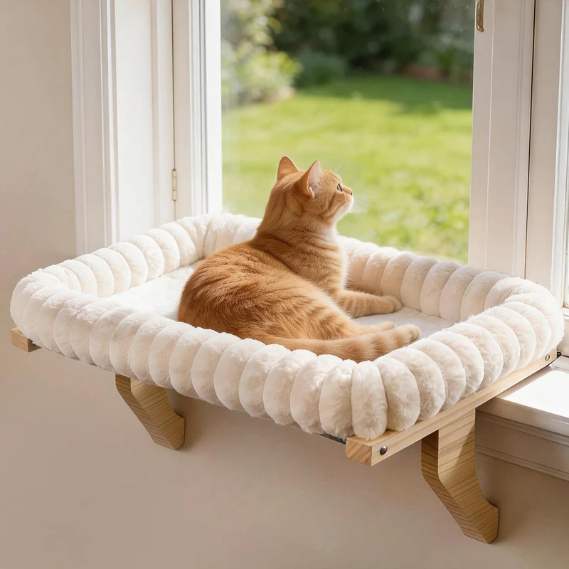 Zoratoo Niche Fenêtre Chat – Plateforme Bois Naturel et Métal pour Grands Chats avec Coussin Amovible