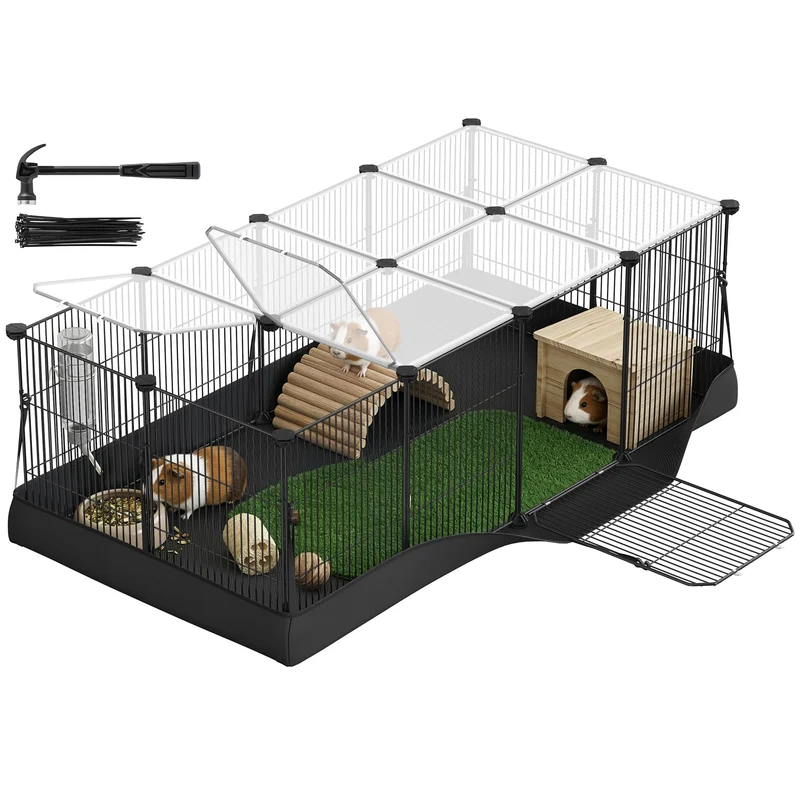 SONGMICS Cage pour petits animaux – 20 panneaux, tapis imperméable, portes hautes et latérales, noir ULPI011BH01