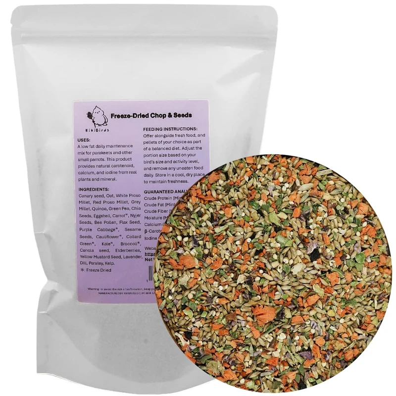 KikiBirds Chop et Graines Séchées pour Perruches et Petits Perroquets | Faible Gras, Bêta-Carotène, Calcium & Iode | 454 g