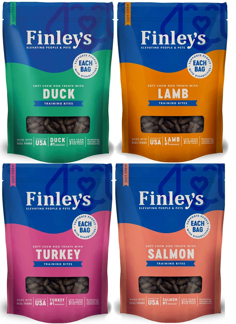 Finley's Dog Bites – Lot Variété Doux et Moelleux pour Chien, 4 Saveurs (Canard, Dinde, Saumon, Agneau) – 4 Sachets 170 g