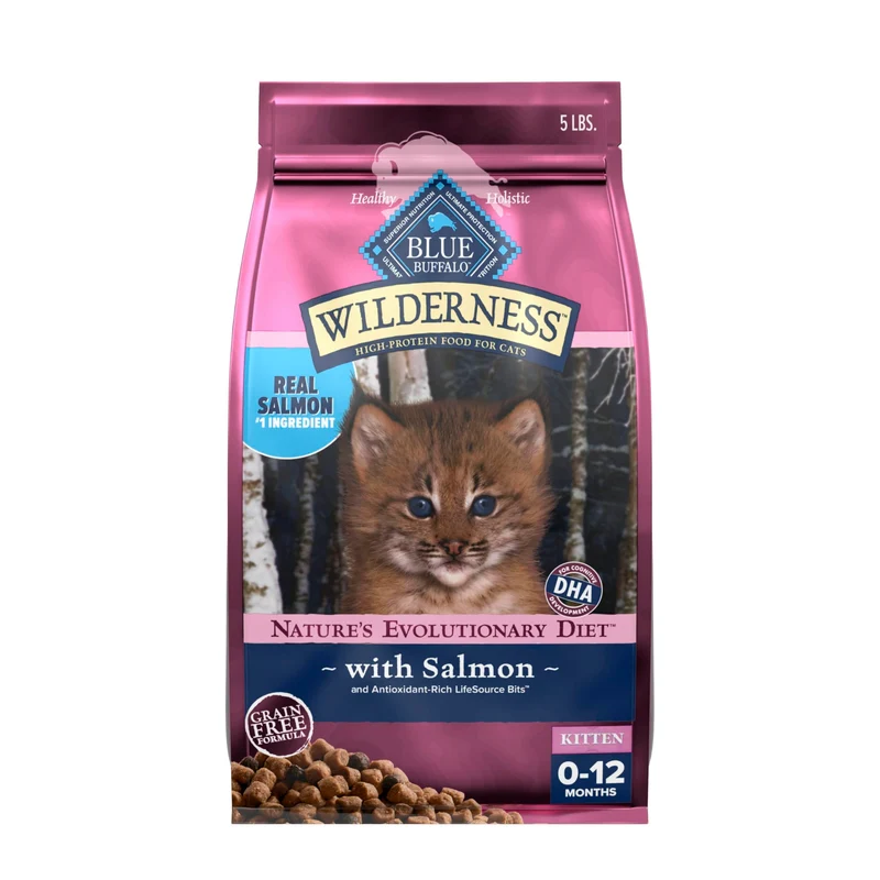 Blue Buffalo Wilderness – Nourriture sèche pour chatons sans céréales, haute teneur en protéines, saumon, DHA pour le développement cognitif, sac de 5 lb