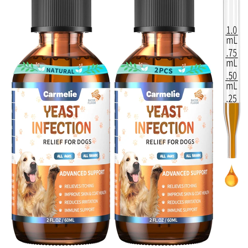 2 pièces Carmelie – Soin anti-levures pour chiens, relief des démangeaisons et inconfort des oreilles et pattes – Saveur bacon (60 ml)