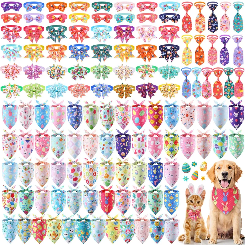 Hosuly 128 Pièces Bandanas Pâques pour Chiens et Chats – Noeuds Papillon Ajustables et Lavables