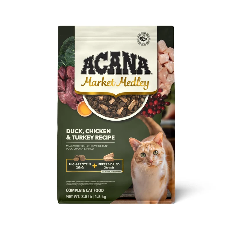 ACANA Market Medley Chat Adulte – Dinde, Canard et Poulet, Morceaux Lyophilisés au Canard & Canneberge, 3,5 lb