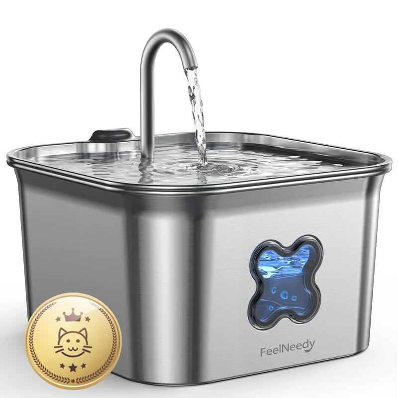 FEELNEEDY Fontaine d'eau pour chat en acier inox 304 • 2,8 L, flux robinet, ultra-silencieuse, lave-vaisselle, filtration 4 étapes