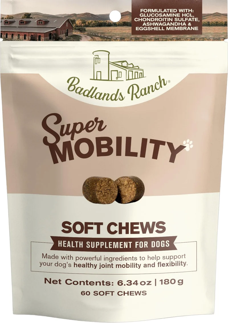 Badlands Ranch Super Mobility Bouchées Molles pour Chiens – Mélange super-alimentaire avec glucosamine, chondroïtine et membrane d'œuf – 60 bouchées