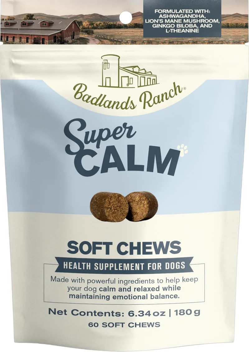 Badlands Ranch Super Calm — Friandises molles pour chiens avec Ashwagandha, Champignon Crinière de Lion et L-théanine – 60 pièces