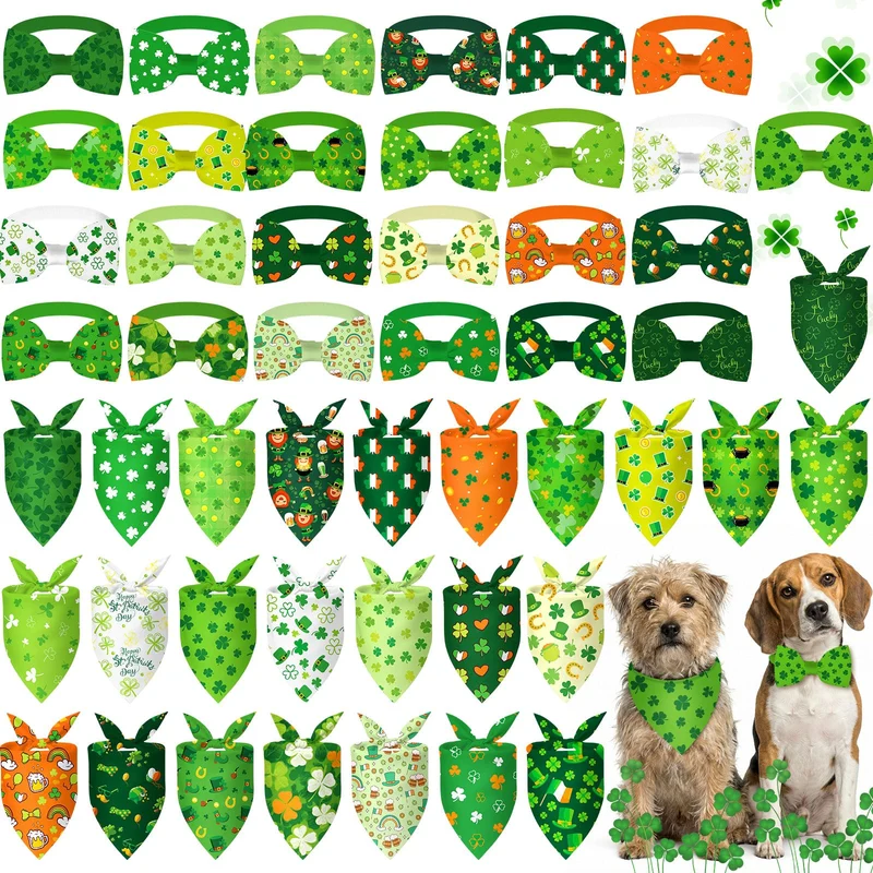 Sanwuta – Lot de 50 Accessoires Saint-Patrick pour Chien : Bandanas et Noeuds-Collier Ajustables (25 bandanas + 25 nœuds collier)
