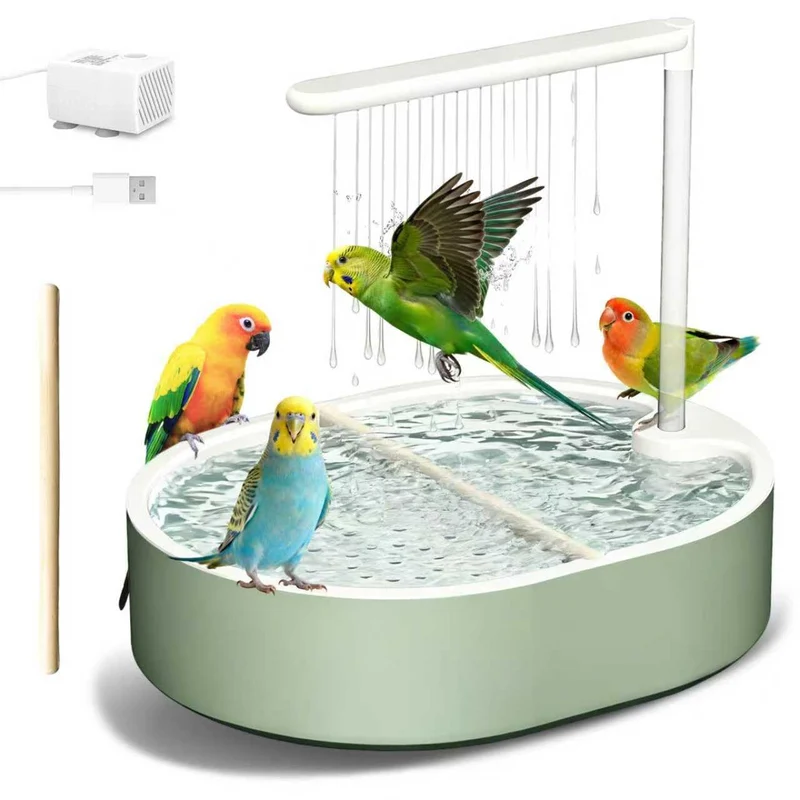 POMFAEE Baignoire pour Oiseaux Verte – Douche Automatique avec Pompe, Eau Courante et Grand Réservoir