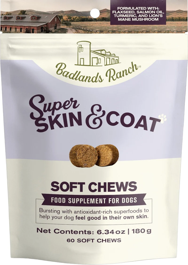 BADLANDS RANCH Soins peau et pelage – Bouchées molles pour chiens, antioxydants, 60 bouchées