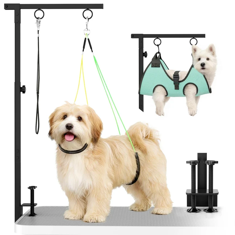 MHACVVO Table de toilettage pour chien – bras réglable 31,5–43,3 po, hamac et clips (3-en-1)