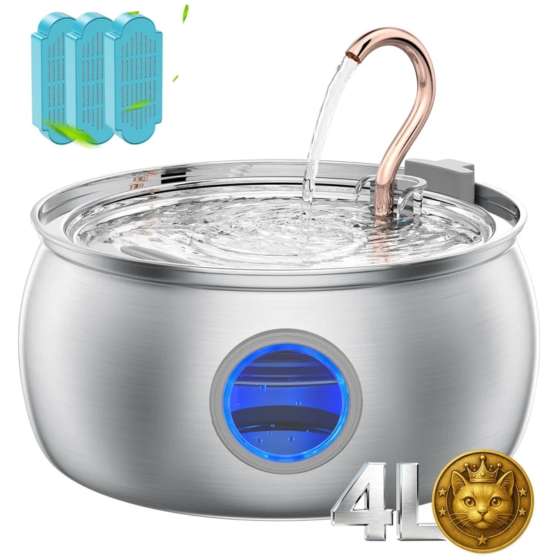 Tomxcute Fontaine pour chat en acier inoxydable 4 L – Bec cygne en cuivre, ultra silencieuse et lavable au lave-vaisselle