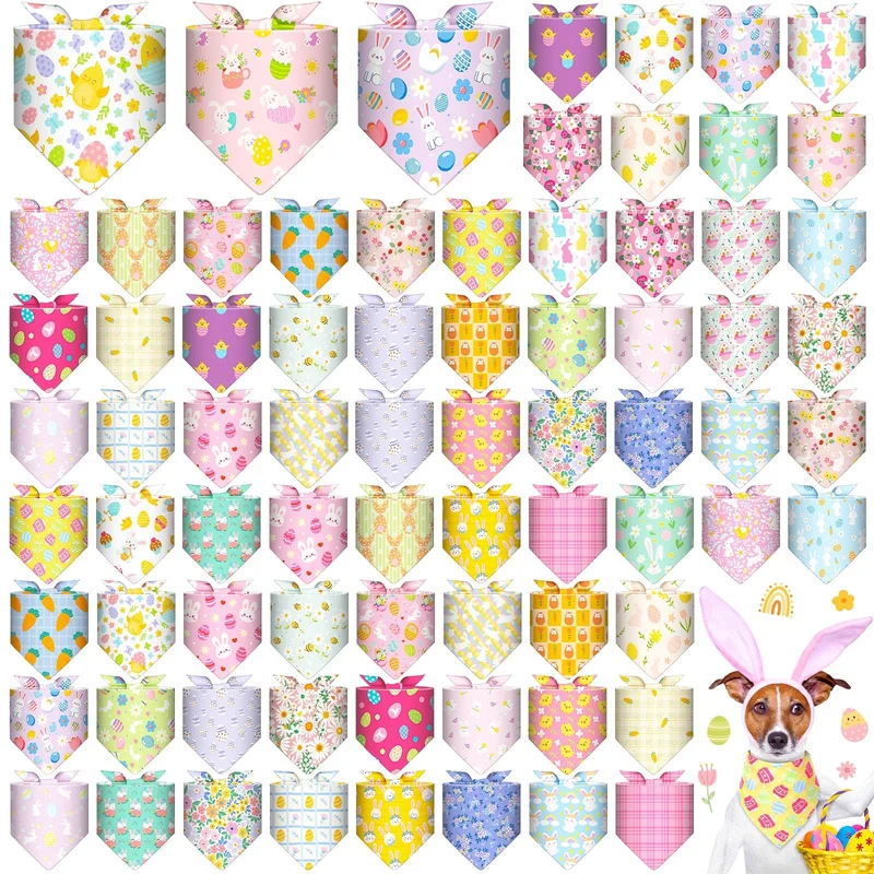 Bulyoou – 72 Bandanas Chien Pâques, Ensemble Festif, Bandana Triangle Ajustable et Lavable