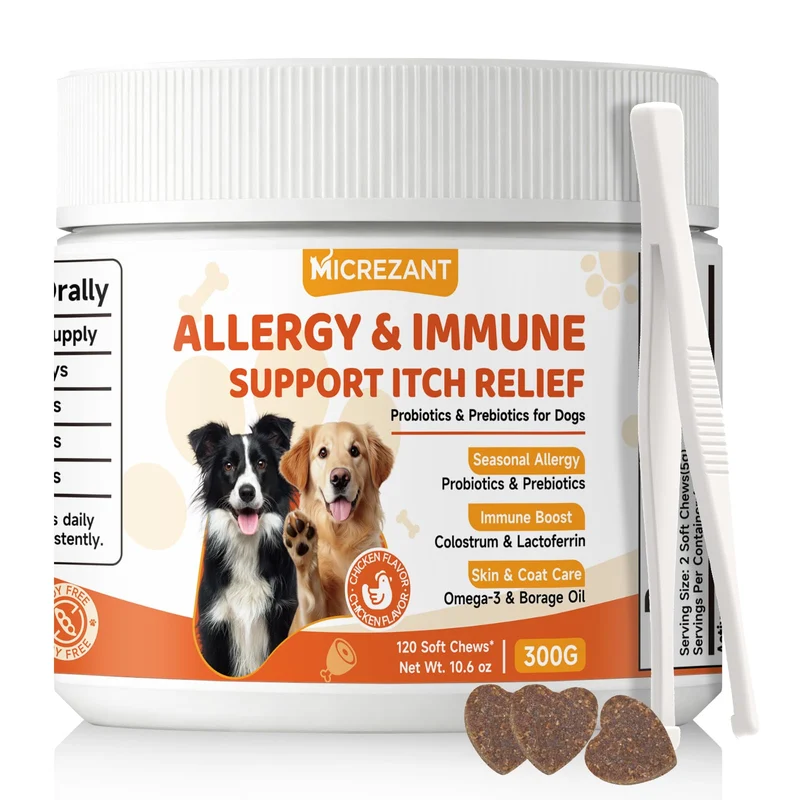 MICREZANT – Friables anti-allergies pour chiens avec pince de nourrissage, probiotiques, colostrum et lactoferrine – 120 ct / 300 g