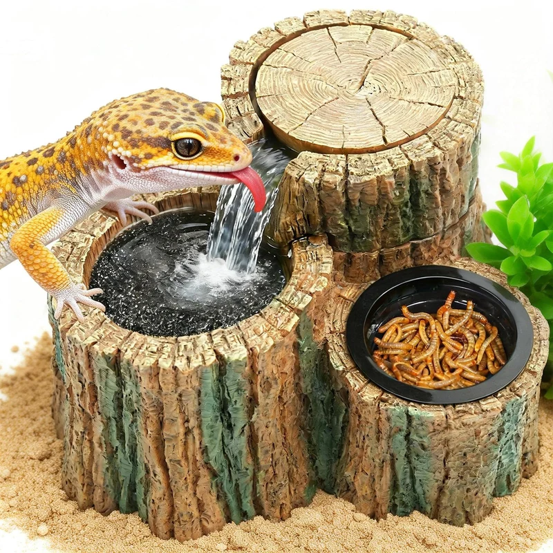 MIXJOY Fontaine 2 en 1 pour Reptiles – 550 ml, Débit Ajustable, Résine Naturelle