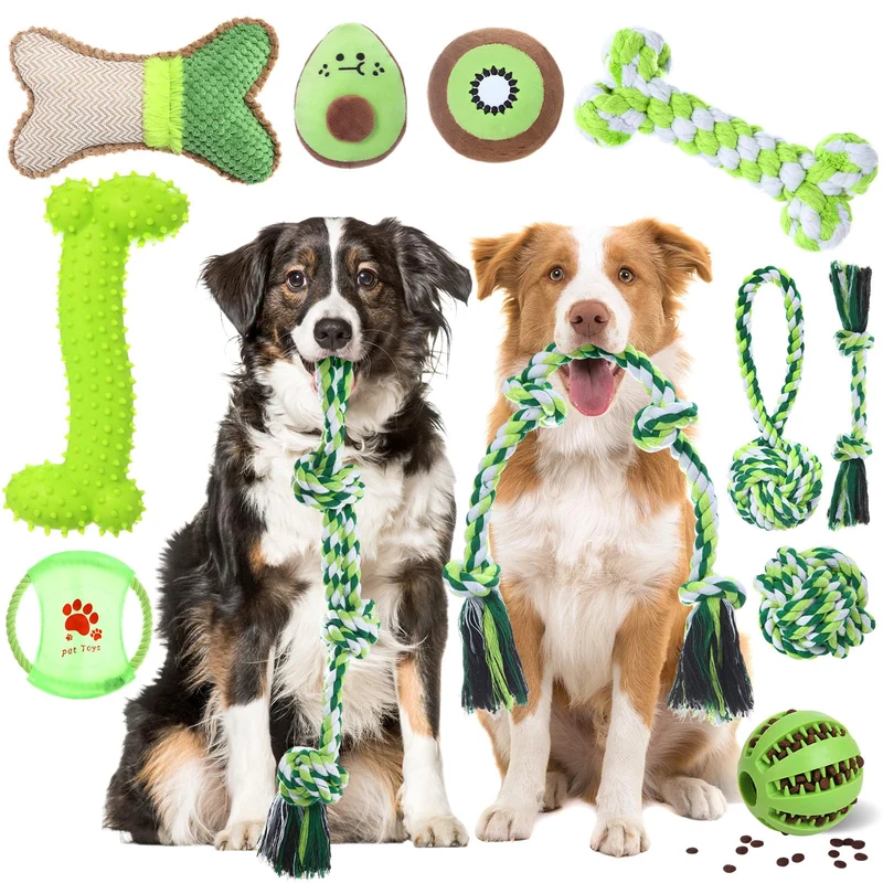 Vinsot Pack 12 Jouets à Mâcher pour Grands Chiens — Cordes, Balles Siffleuses et Os en Caoutchouc