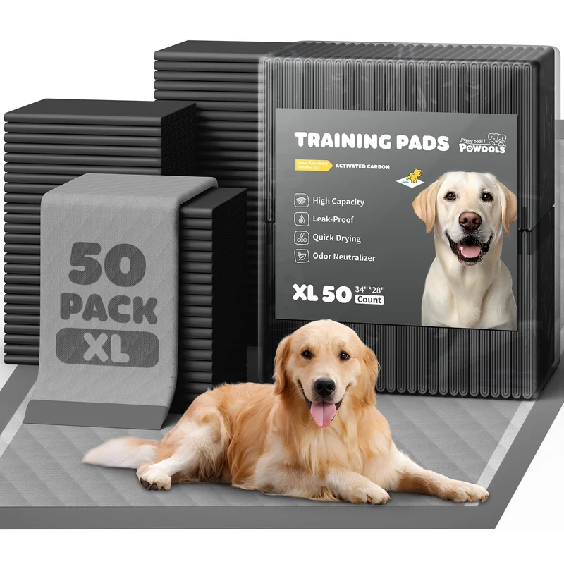 Powools Tapis Charbon pour Chiots – Lot de 50, 86 cm × 71 cm, Ultra Grand Format, Absorption 6 Couches et Contrôle des Odeurs
