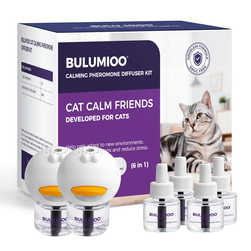 Diffuseur de phéromones apaisantes BULUMIOO pour chat – Ensemble 2 diffuseurs + 4 recharges 48 ml – Calme sans odeur, pour foyers multi-chats