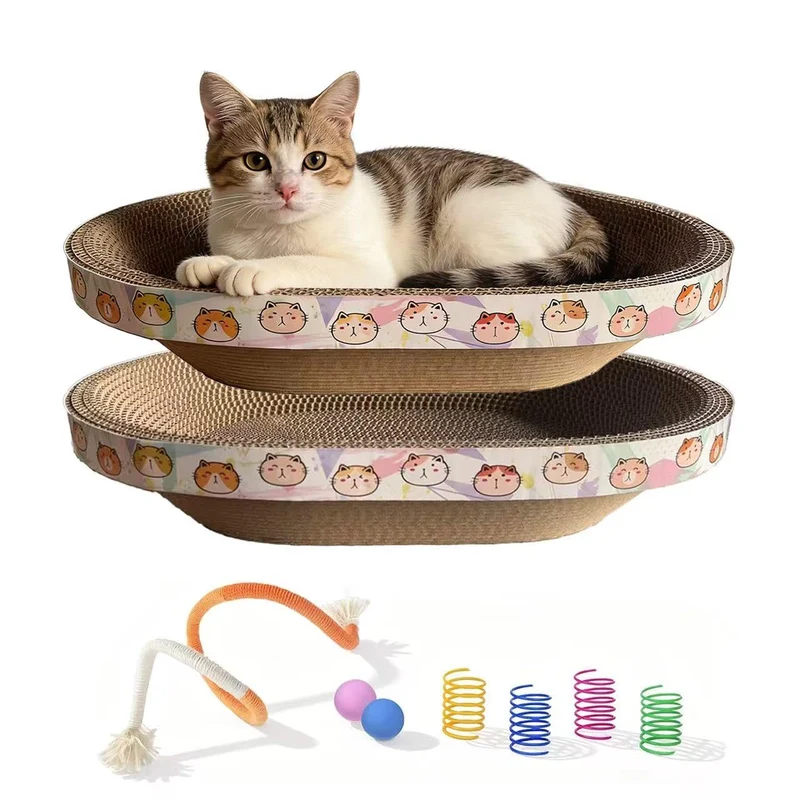 2 ensembles de grattoirs en carton pour chat avec jouets – Plateau de griffage oval 42 cm x 32 cm pour chatons d’intérieur