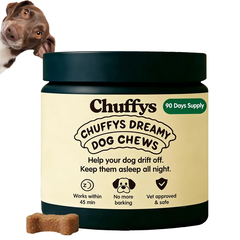 Chuffys Dreamy Pup Chews – Gommes calmantes naturelles pour chiens, Garantie du sommeil, 90 comprimés
