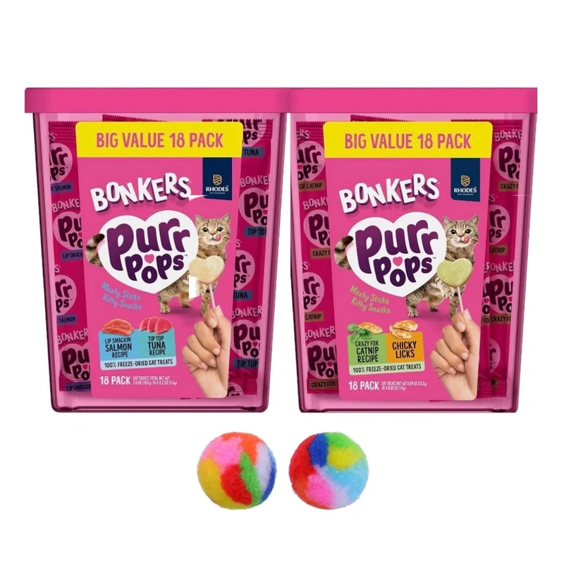 Bonkers Purrpops friodés pour chat – assortiment varié 2 à 18 pièces, saumon & thon, catnip & poulet + 2 balles Pom Pom