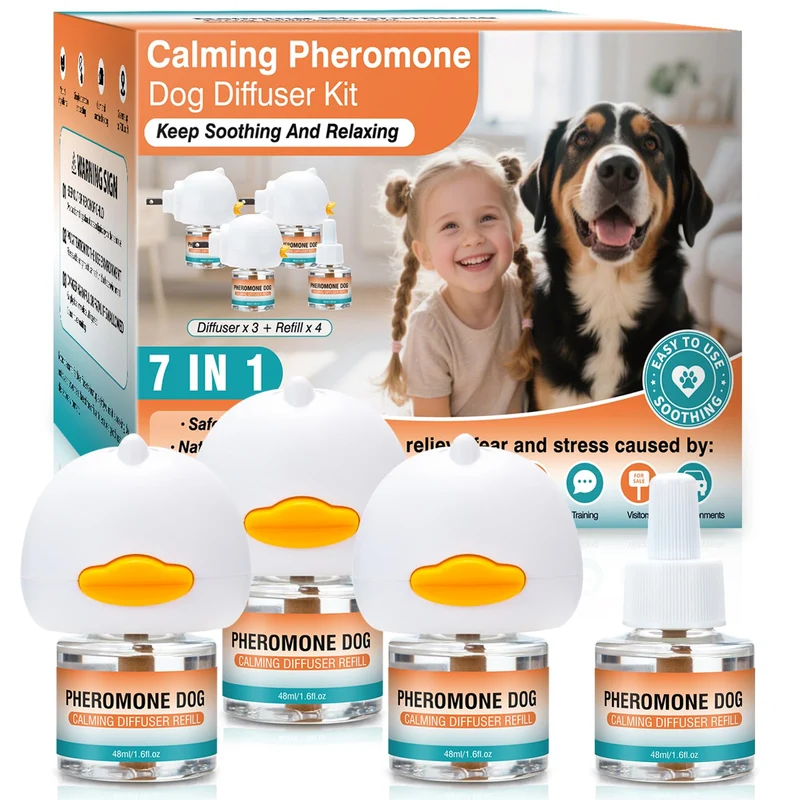 JTEWZX Diffuseur de phéromones pour chiens – 7 en 1, apaisement potentiel, 3 prises + 4 recharges 48 ml