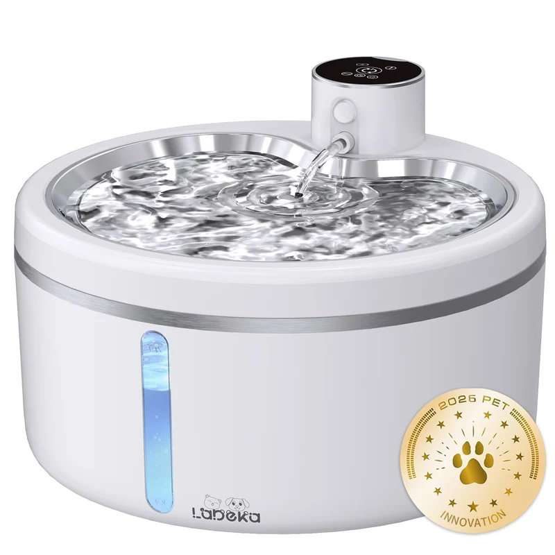 LABEKA Fontaine d'eau sans fil pour chats — 2,5 L, plateau inox, pompe ultra silencieuse, 3 modes