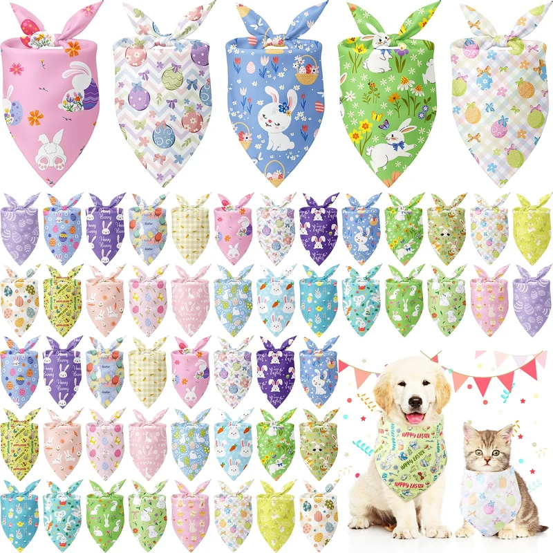 Kacctyen – Lot de 50 bandanas imprimés Pâques pour chiens et chats, taille réglable et lavable