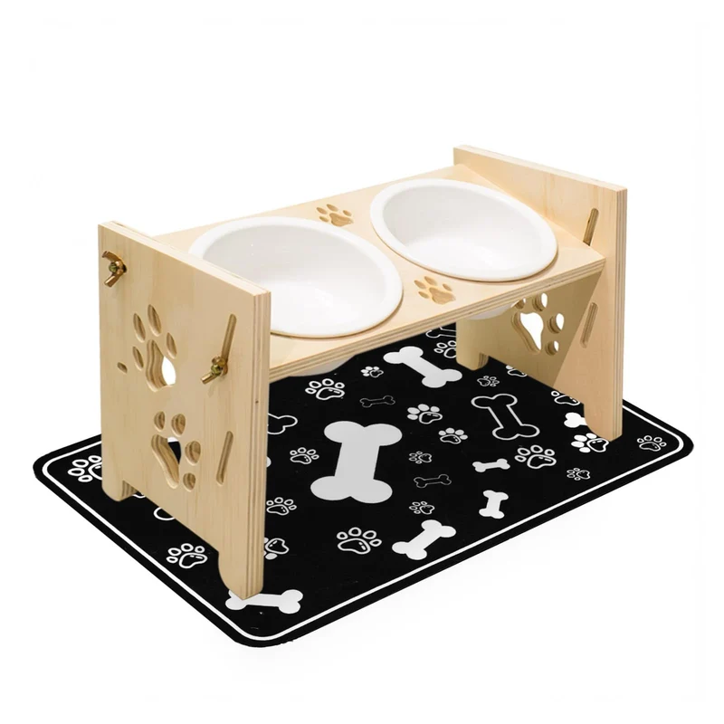 Mousterian – Gamelles surélevées en céramique pour chats et petits chiens avec tapis alimentaire, hauteur et angle ajustables