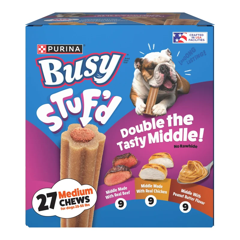 Purina Busy Stuf’d Variété Pack – Os à mâcher longue durée pour chiens moyens (27 pièces) – Bœuf, Poulet ou Beurre de cacahuète
