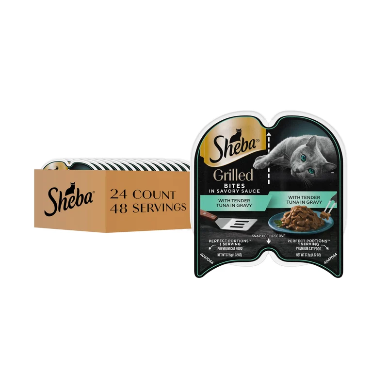 Sheba Portions Parfaites Grillées dans Sauce Savoureuse – Thon en Gravy, 75 g par portion, 48 portions (Plateaux en duo)