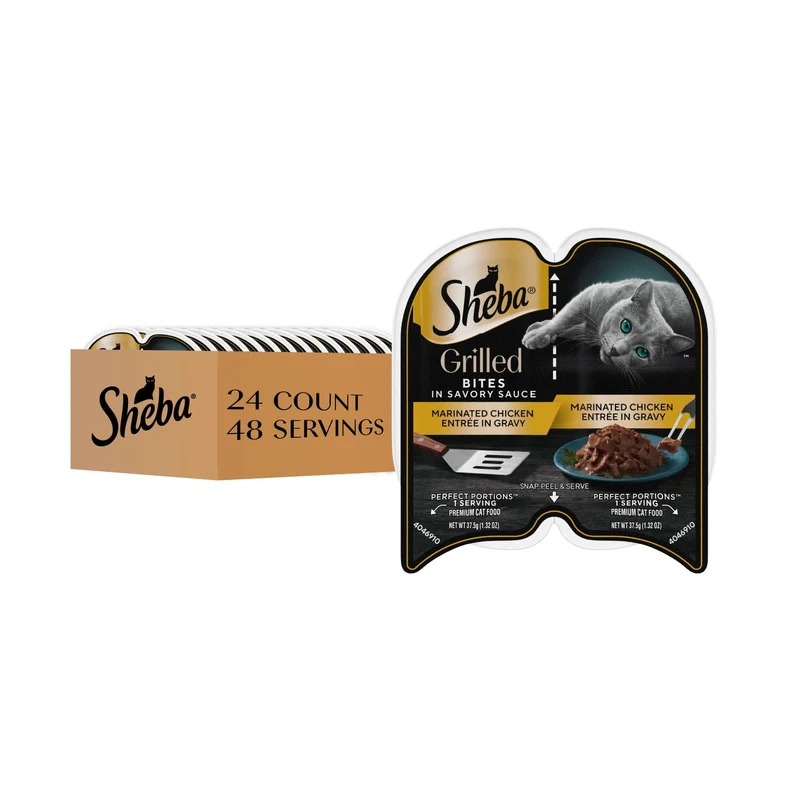 Sheba Portions Parfaites Grillées dans Sauce Savoureuse pour Chat Adulte – Entrée au Poulet Mariné en Sauce, 2 x 75 g, Plateaux Jumelés, 24 Portions (48 Portions Individuelles)