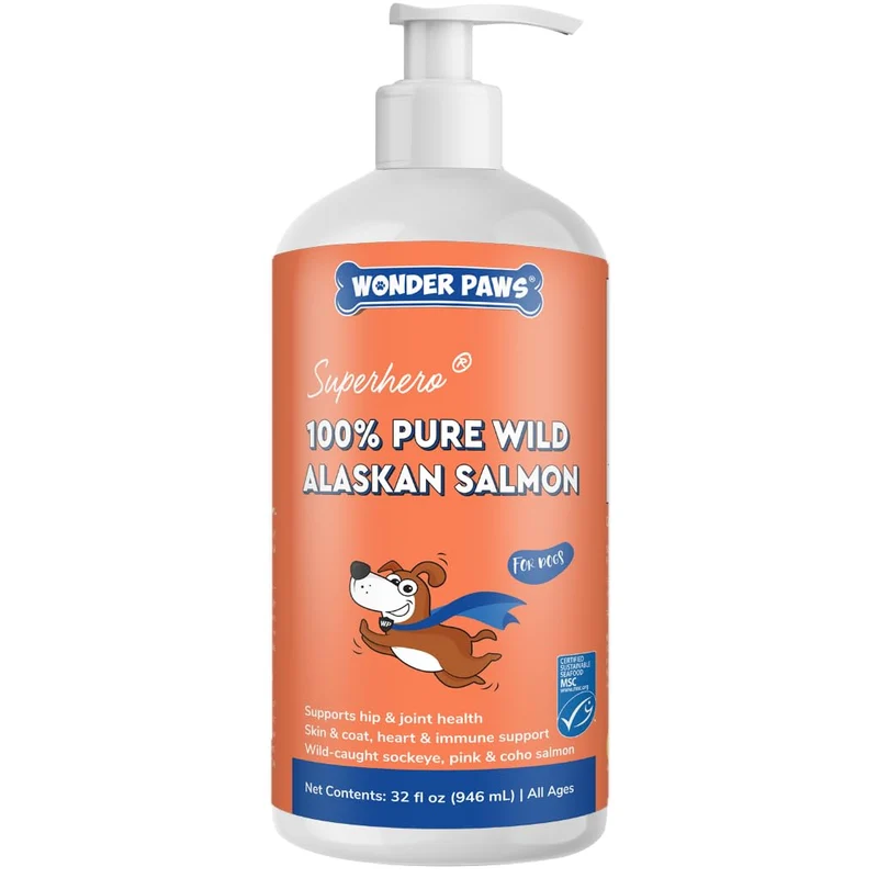 Huile de Saumon Sauvage d'Alaska pour Chiens — WONDER PAWS, MSC/NASC certifiée, Peau & Articulations (32 oz)