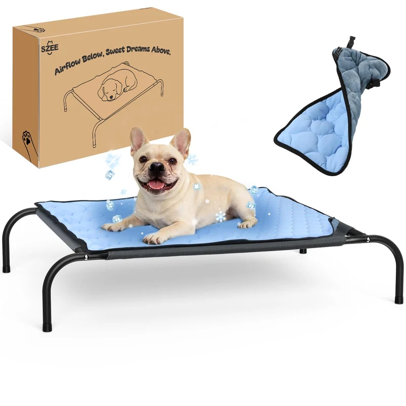 SZEE - Lit pour chien surélevé avec mat double-face réversible et cadre en acier, usage intérieur/extérieur