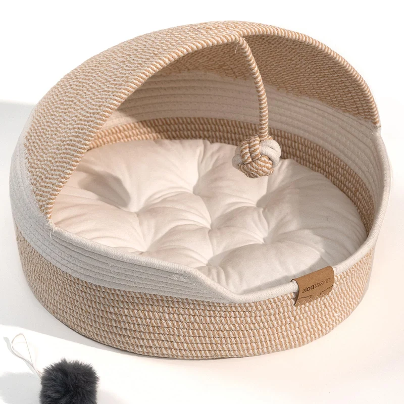 CHEERPALS Panier-basket pour chat intérieur – Lit tout-saison, coussin lavable, balle en corde (Blanc)