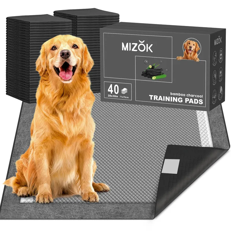 MIZOK Tapis-pipi pour Chiens Charbon 28x30 – Ultra Absorbant, Étanche, Adhésifs 4 Coins, Lot de 40