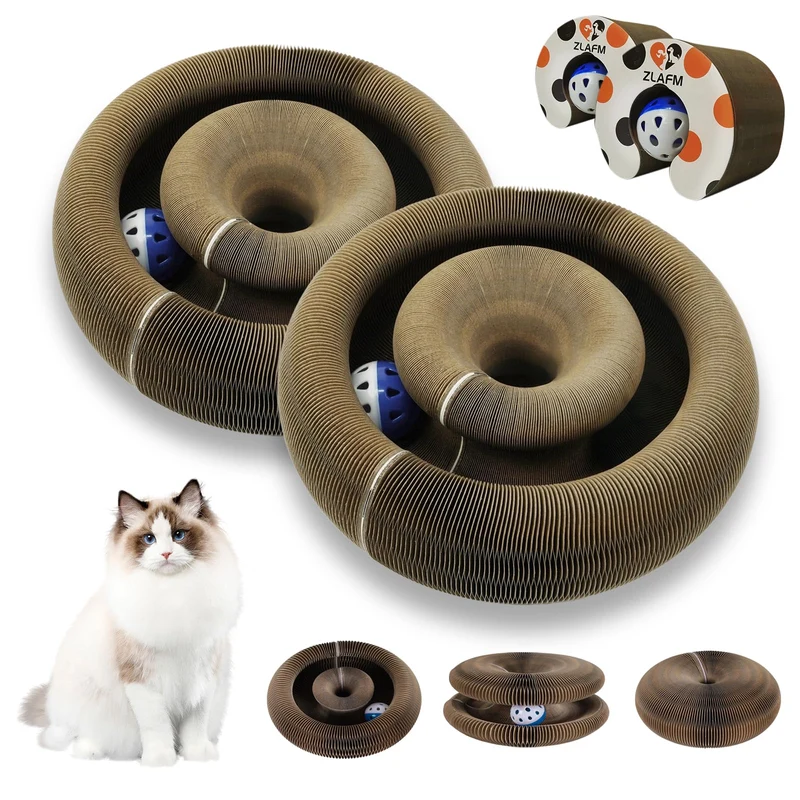 ZLAFM – Lot de 2 Jouets Grattoir pour Chat Organ Magique : Accordéon Pliable, Boules Cloche et Plateau Carton Interactif