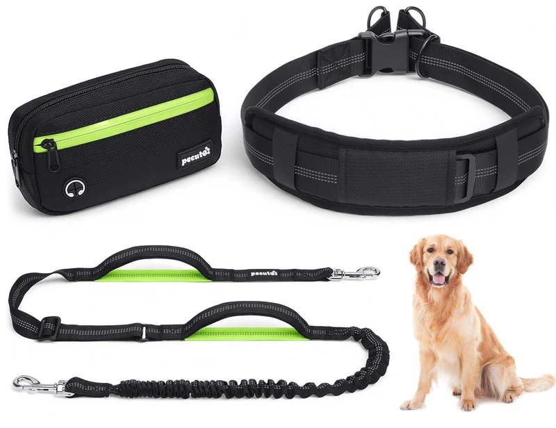 Pecute Laisse sans mains pour chien — Ceinture avec pochette amovible, amortisseur et doubles poignées (15–55 kg)