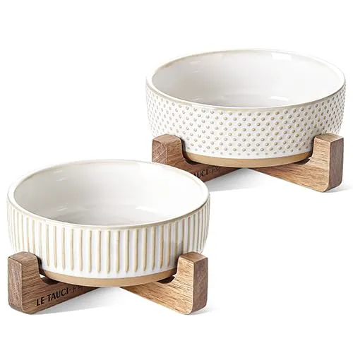 LE TAUCI PET Bol Chien/Chat avec Support Acacia – 2 Bols Céramique, Base Antidérapante, Lignes et Points