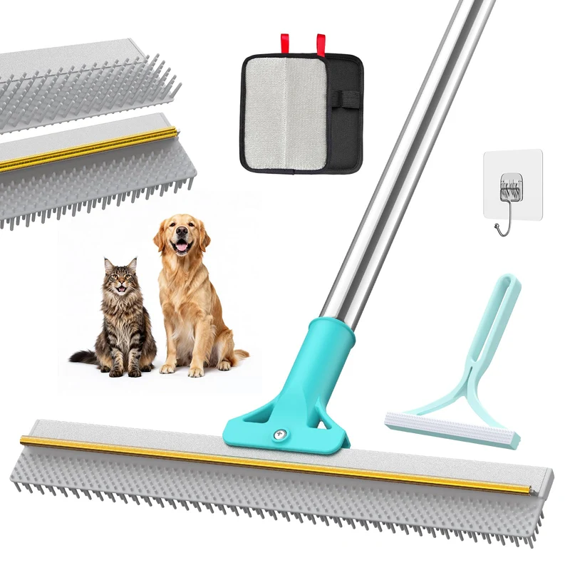 Râteau TIKIWIK Anti-Poils pour Tapis — Brosse Silicone Étendue et Poignée Réglable 54 pouces