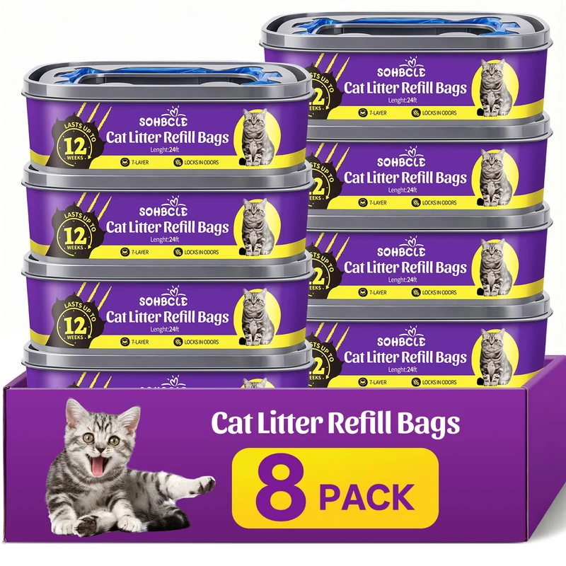 SOHBCLE Sachets Recharge Litière Chat – Lot de 8 Cartouches Compatibles Genie Standard/Plus/Style Pail – 7 Couches, Contrôle d'Odeur (Non XL)