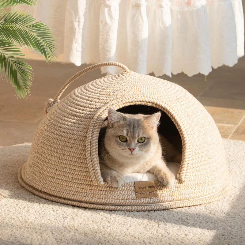 CHEERPALS Cabane pour Chat 3-en-1: Caverne, Coussin Lavable et Grattoir Blanc